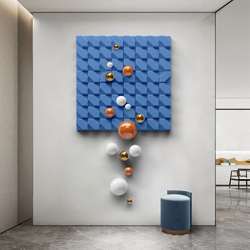 现代高端3d立体金属球实物画楼梯间样板间抽象入户玄关走廊竖版画