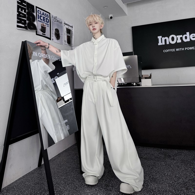 夏季设计感搭扣翻领短袖衬衫套装男腰带装饰休闲阔腿长裤两件套潮