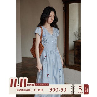 【夏末85折】夏泡泡袖法式茶歇气质温柔风蓝色小个子v领连衣裙女
