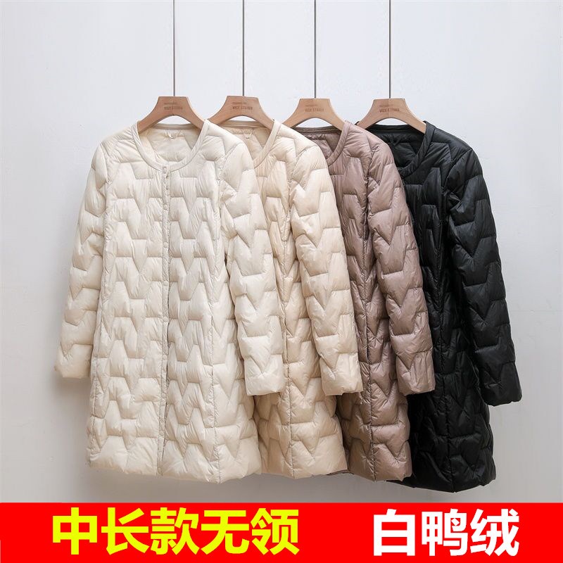 冬轻薄羽绒服女无领中长款圆领内胆内外穿修身妈妈装中老年人大码