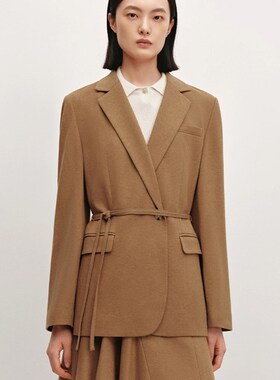 OVV秋冬热卖女装平驳领针织羊毛随附腰带休闲西服外套