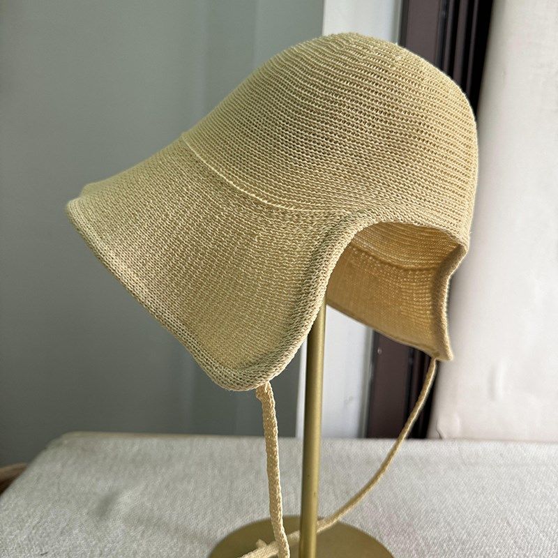 出韩国款白色棉麻系带大檐渔夫帽子女夏天防晒帽可折叠度假遮阳帽