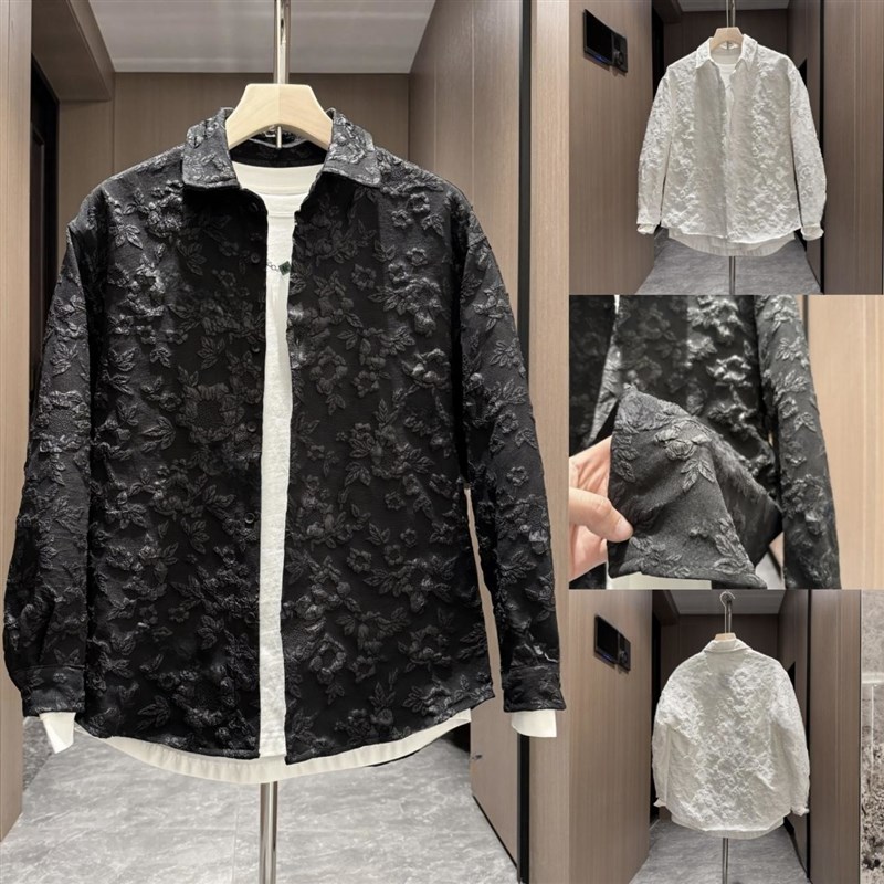 春夏男士新款潮流时尚复古燕尾立体提花百搭翻领休闲长袖衬衫外套