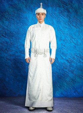 新款男士时尚拍照蒙古袍婚礼新郎伴郎父母敬酒舞蹈演出服银白色