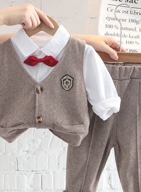 宝宝春秋季马甲三件套婴儿男童秋装外穿西服洋气小孩西装礼服潮款