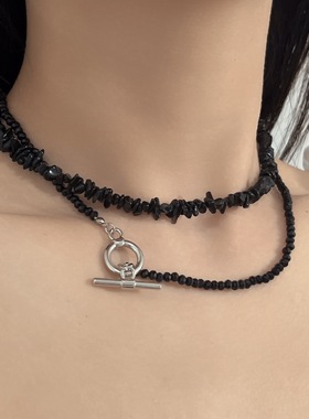 新款黑色碎石水晶拼接项链女小众叠戴双层OT扣锁骨链夏个性颈链潮