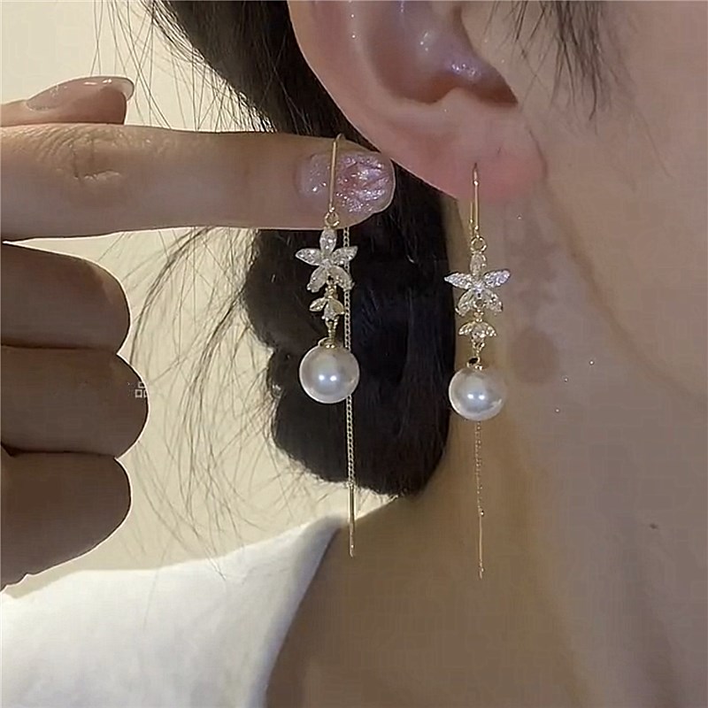 小众高级感锆石花珍珠耳线长款流苏耳环女甜美气质时尚简约新款潮
