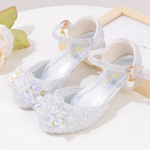 高跟软底鞋 儿童水晶鞋 洋气女孩学生舞台走秀演出礼服鞋 女童公主鞋