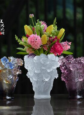 玫瑰琉璃花瓶轻奢摆件居家客厅卧室玄关桌面摆放装饰插画工艺礼品