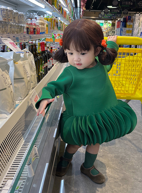 小蜜糖童装2023春季新款花瓣裙女宝宝墨绿色百褶裙连衣裙洋气裙子