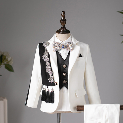 儿童西装套装男童花童主持人礼服秋冬男孩钢琴演出服走秀西服白色