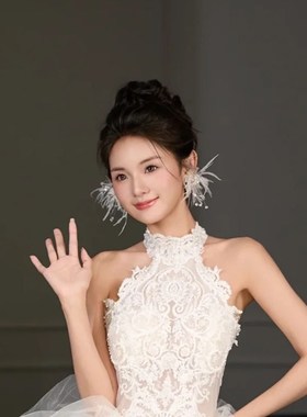 新款新娘仙美羽毛耳夹耳环婚纱晨袍礼服韩式减龄耳饰走秀晚宴配饰