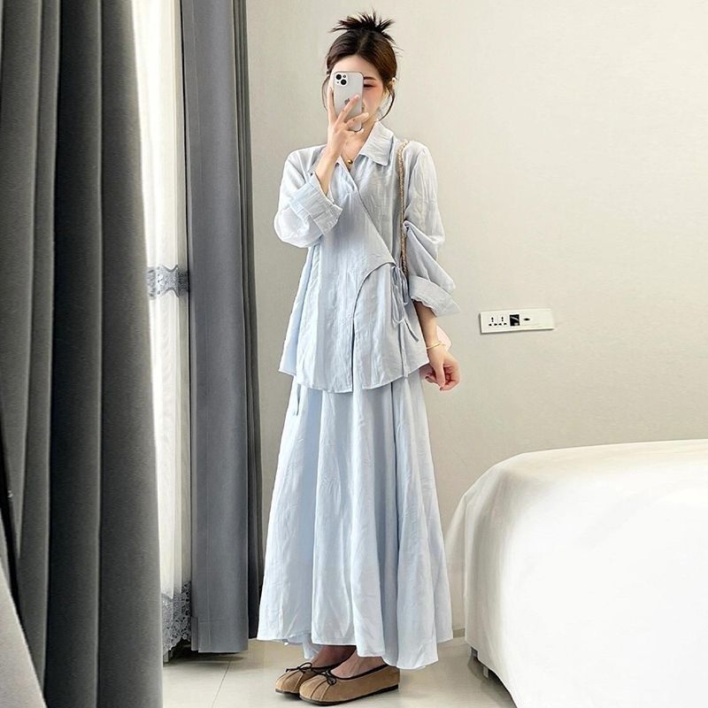 韩系孕妇夏季薄款衬衫裙两件套时尚洋气不规则上衣舒适棉麻半身裙