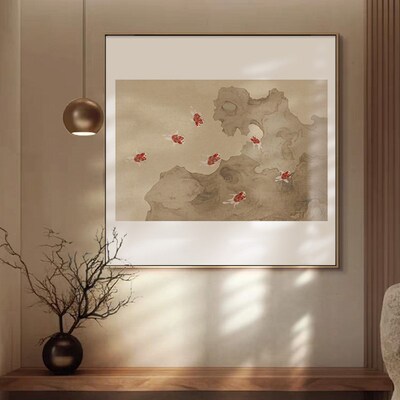 新中式太湖石鱼餐厅装饰画入户玄关挂画中古风客厅背景墙卧室壁画