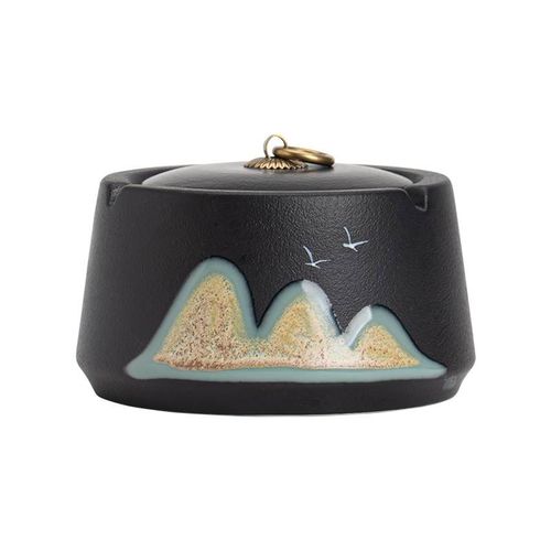 粗陶远山带盖烟灰缸防灰飞创意个性潮流日式家用客厅办公茶桌摆件