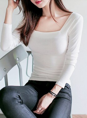 2020新款白色方领打底衫女长袖t恤秋纯棉大领口紧身修身低领上衣