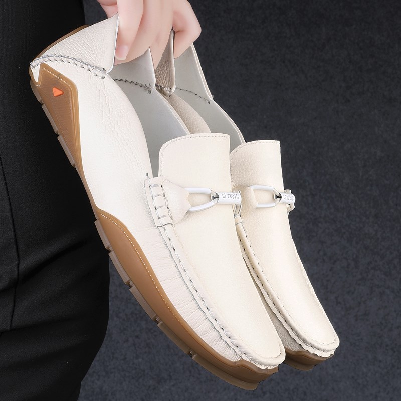 头层牛皮豆豆鞋男士一脚蹬休闲皮鞋真皮软底白色英伦潮驾车懒人鞋