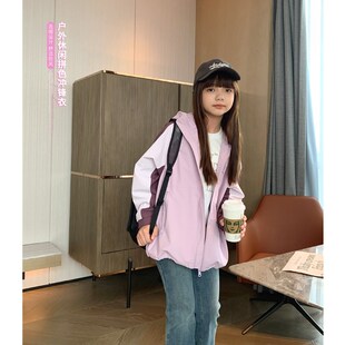 休闲户外衫 青少年时尚 防风外套 新款 女大童拼色连帽冲锋衣2024秋装