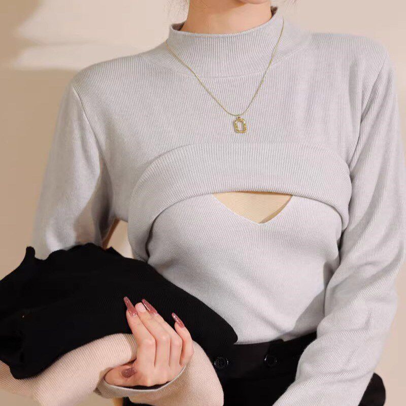 交叉式高领e毛衣哺乳装期外出辣妈上衣秋冬季打底衫秋季秋装春秋