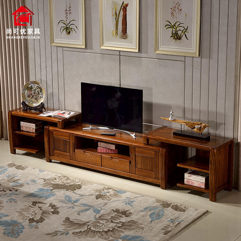 乌金木电视柜茶几组合全实木客厅家具储物柜新中式简约伸缩电视柜