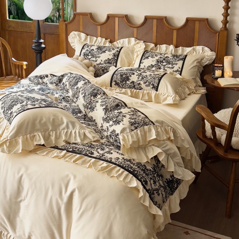 法式公主风全棉长绒棉四件套复古黑色花边纯棉奶油风床上用品床单