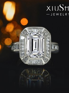 高级感简约大气祖母绿切925银戒指镶嵌高碳钻几何线条T方围钻酷帅