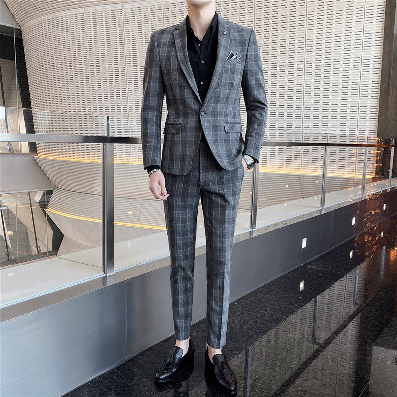 西服套装男两件套修身春秋帅气新郎结婚礼服韩版休闲商务格子西装