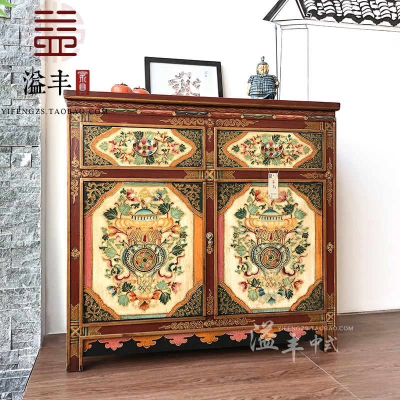 乡村复古典做旧玄关柜新中式实木彩绘两门鞋柜手绘餐边柜田园装饰