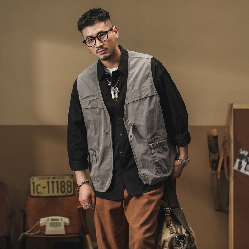 格蓝鹿山系户外露营风工装马甲男士夏季高端潮牌复古背心坎肩夹克