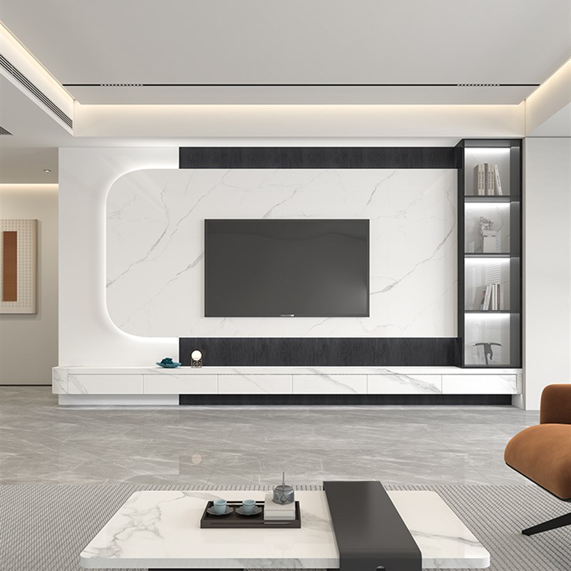 悬空岩板电视背景墙装饰大理石硬包灯光木格栅现代轻奢客厅沙发墙