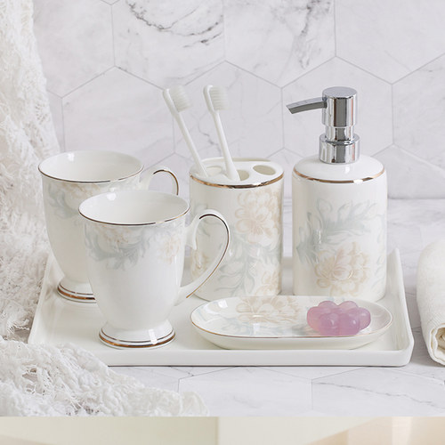 简约骨瓷卫生间五件件牙刷刷牙漱口杯套轻奢卫浴洗漱用品套装欧式
