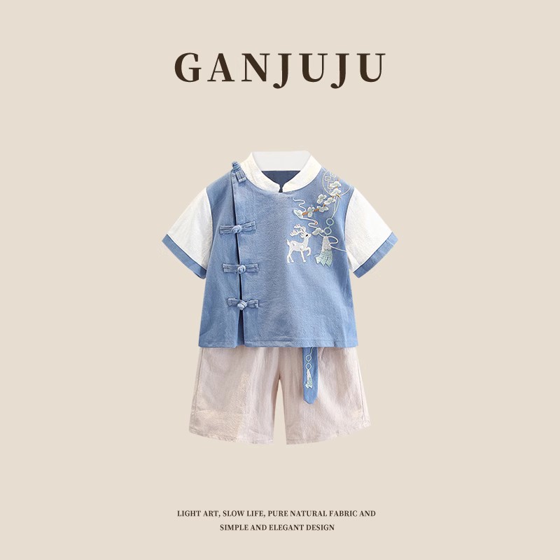 儿童古装汉服男童夏季薄款古风棉麻套装男孩一周岁宴礼服夏装唐装