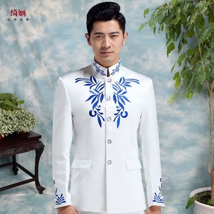 白色夏季上衣裤子大码中山服中山装男士司仪合唱团演出服主持礼服