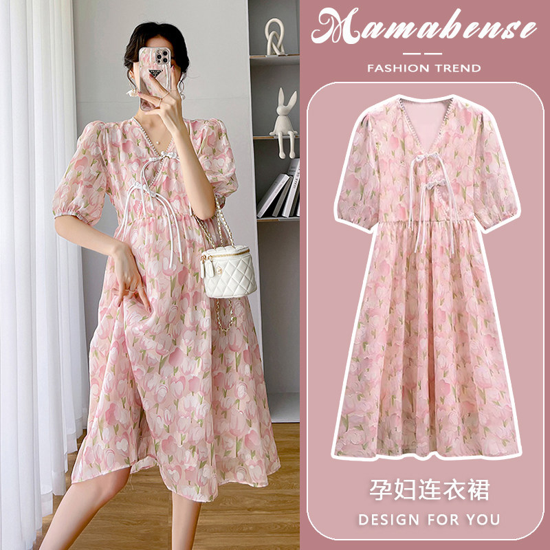 孕妇连衣裙夏短袖薄款粉色t国风V领中长款碎花时尚辣妈2023新款女,孕妇装/孕产妇用品/营养,连衣裙,淘宝优惠券,粉丝福利购,淘宝优惠卷