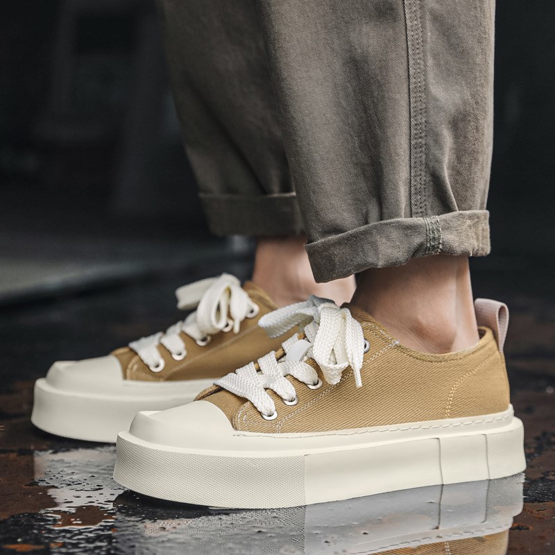 国潮小众方头帆布鞋男复古厚底百搭增高板鞋日系港风潮帆布鞋男款