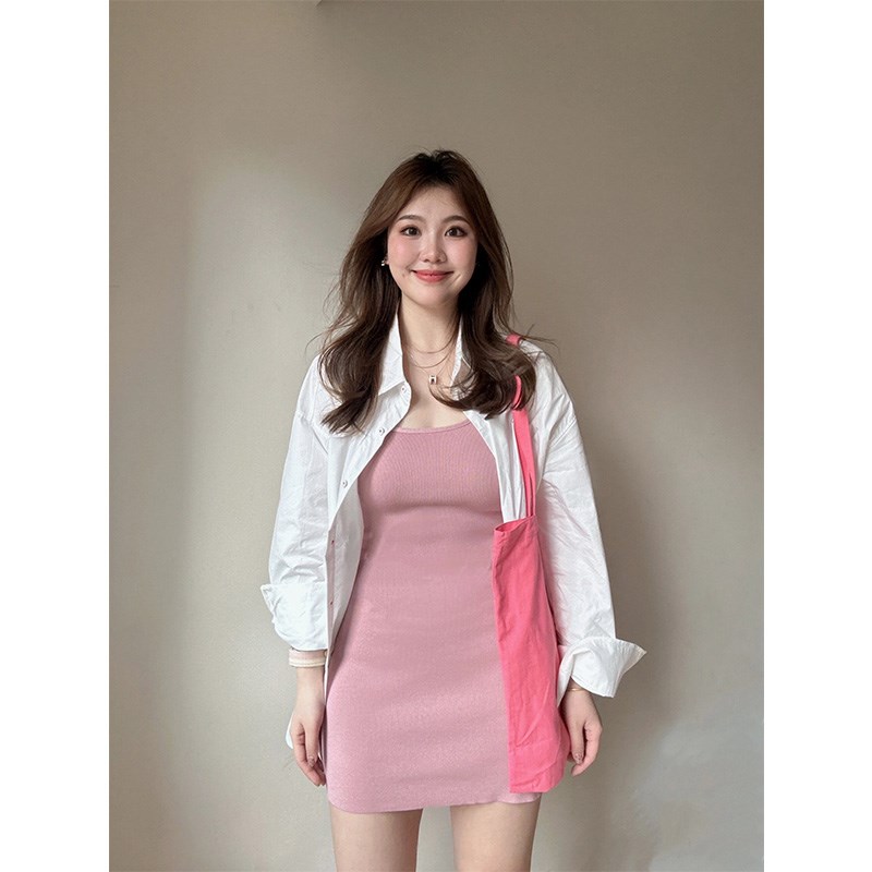 大码胖mm法式粉色针织吊带连衣裙早春穿搭一整套衬衫包臀裙两件套