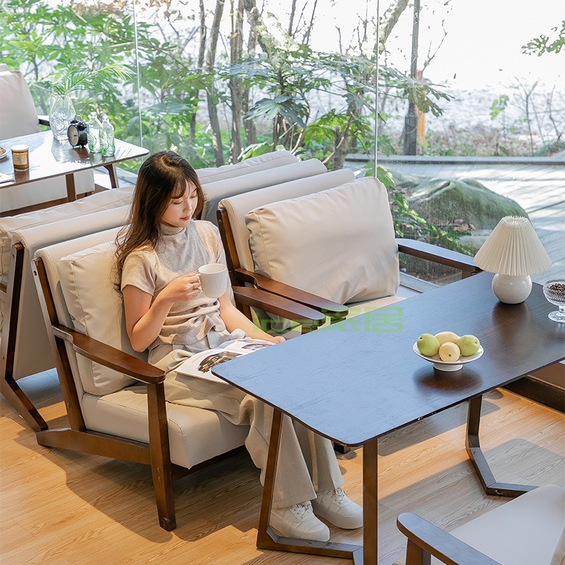 连锁奶茶店桌椅组合咖啡店馆休闲区实木沙发咖啡厅椅子阅读区卡座