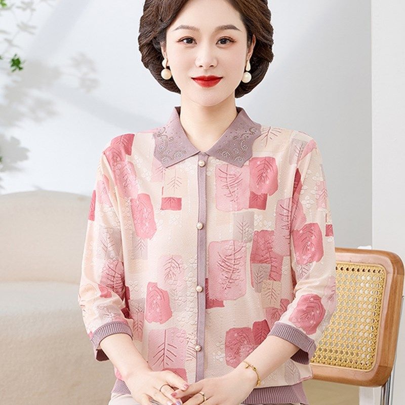 妈妈夏装翻领冰丝T恤小衫50岁中老年女春夏薄款真丝上衣大码套装