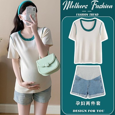 孕妇套装夏季2025新款时尚洋气时髦拼色百搭圆领上衣短裤两件套女