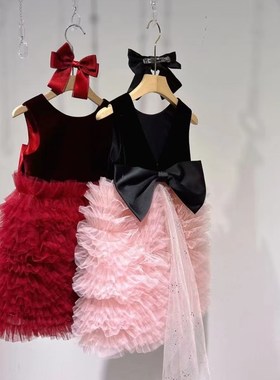 高定礼服24秋冬女童圣诞新年红色丝绒背心裙蛋糕裙节日礼服演出服