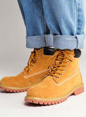 冬季大黄靴男马丁靴高帮英伦风工装鞋子中帮沙漠靴黄色加绒皮靴女