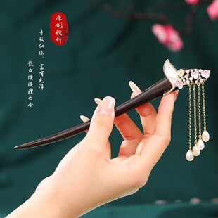 发簪新中式高级感黑檀木发钗古风简约盘发鱼尾花珍珠流苏发钗发饰