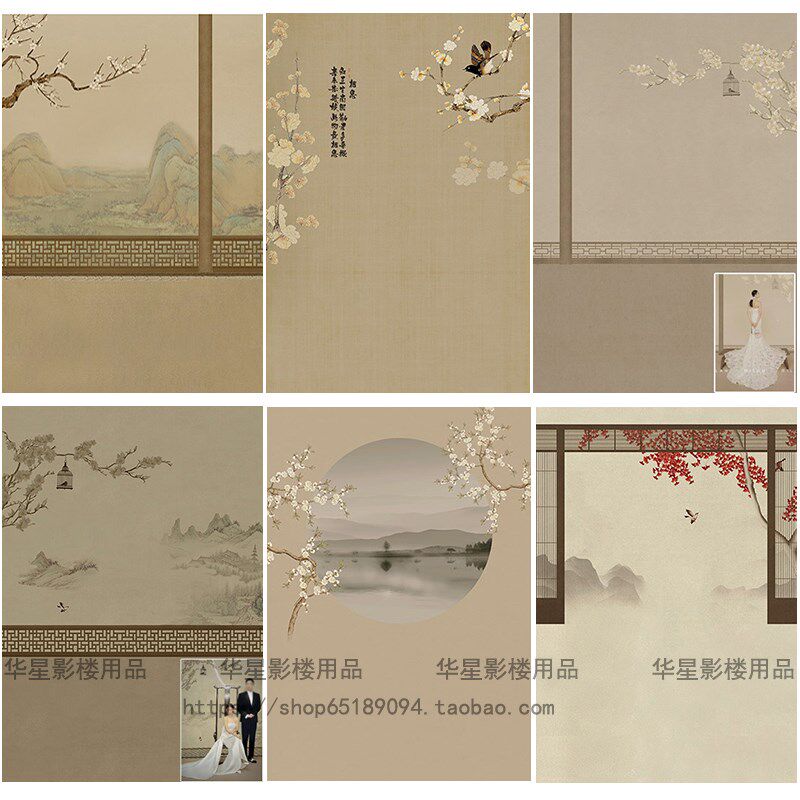 影楼婚纱情侣工笔画拍照背景布 复古全家福中国风摄影背景纸图片