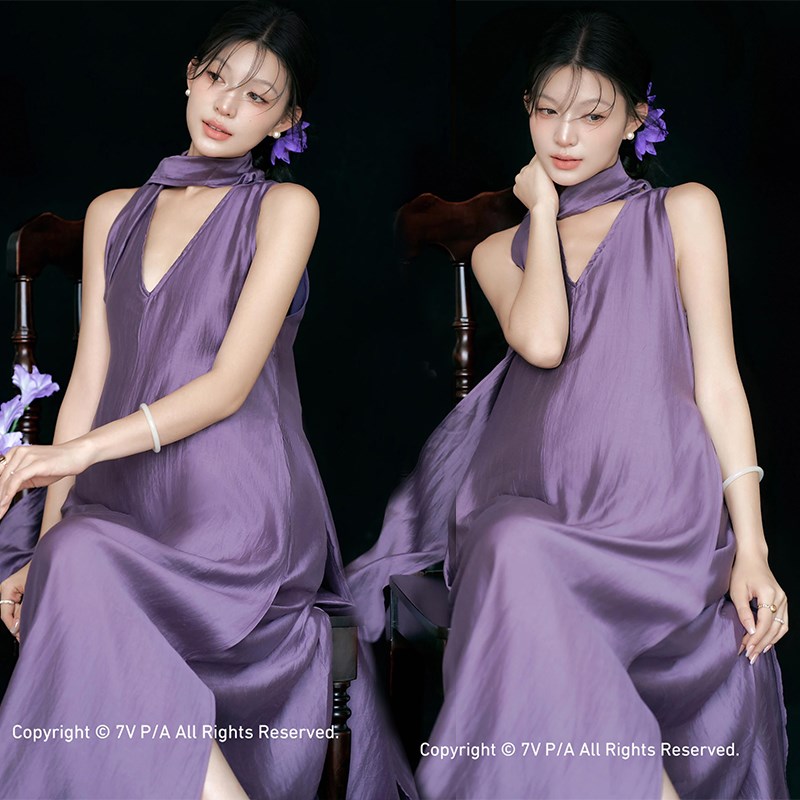 影楼新款简约孕妇拍照服装纯欲高级感紫色连衣裙孕妈咪大肚照写真