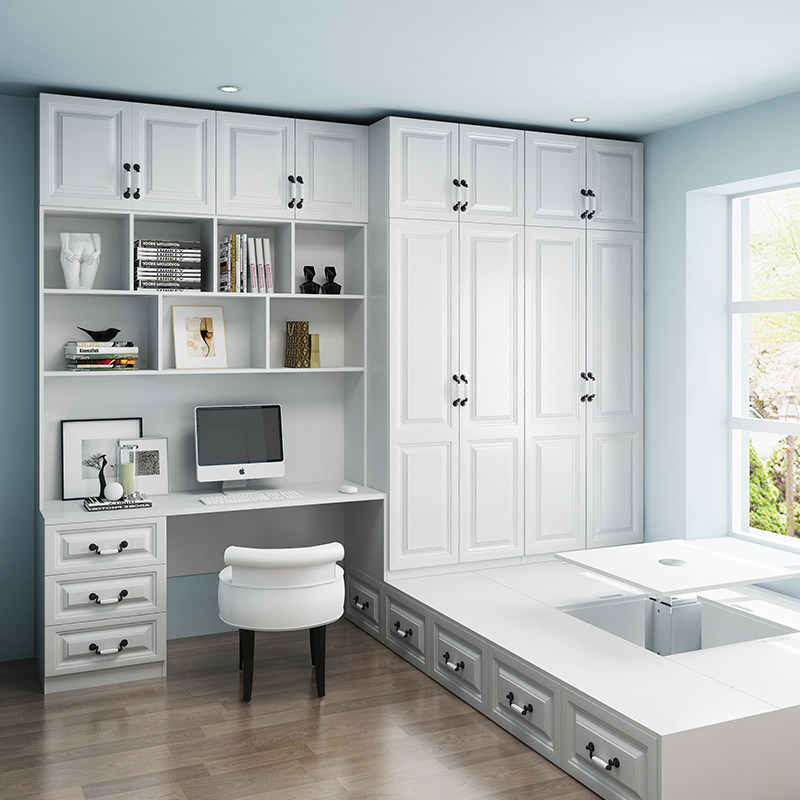 欧式榻榻米整体定制卧室北欧衣柜书柜电脑桌飘窗柜地台双人床组合