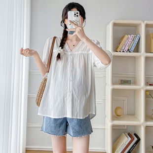 孕妇套装2024新款夏季时尚洋气时髦短袖薄款v领上衣X裤子两件套女