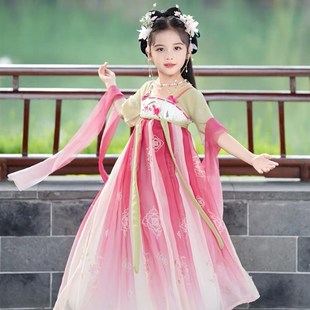 古风汉服女童春夏款连衣裙雪纺超仙红色黄色夏款古装儿童演出服