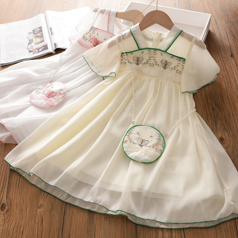 女童中国风汉服连衣裙夏季洋气刺绣珍珠包包公主裙子薄款高定纱裙