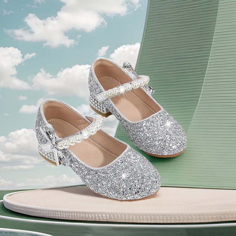 金色银色小皮鞋儿童水晶女童带跟大童女鞋公主鞋网红高跟鞋配礼服