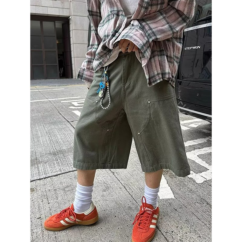 美式复古水洗做旧伐木工装短裤男女夏季直筒休闲阔腿牛仔七分裤子